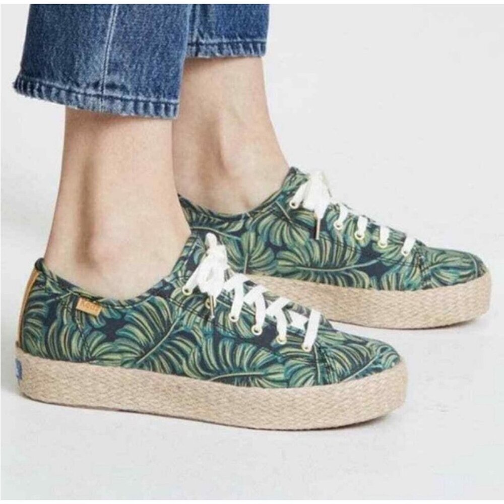 Keds Rifle Paper Shoes Womens 9.5 Espadrille Sneakers Green Tan Leaves WF58366M - Picture 2 of 12